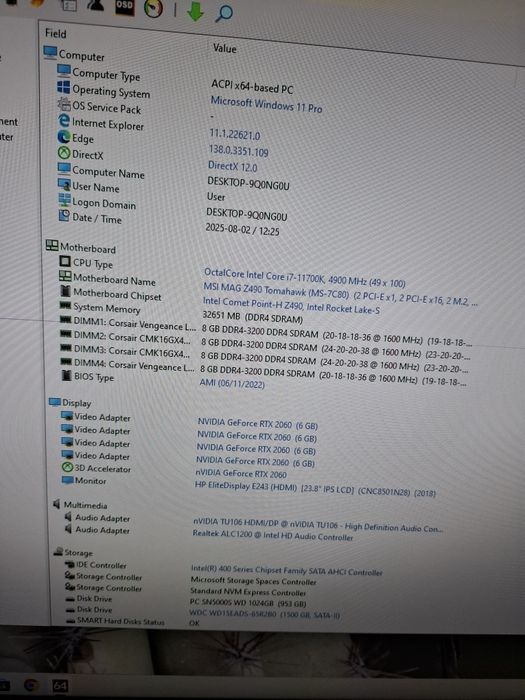 Calculator gaming I7-11700k, 32GB RAM, SSD 1 TB, RTX 2060
