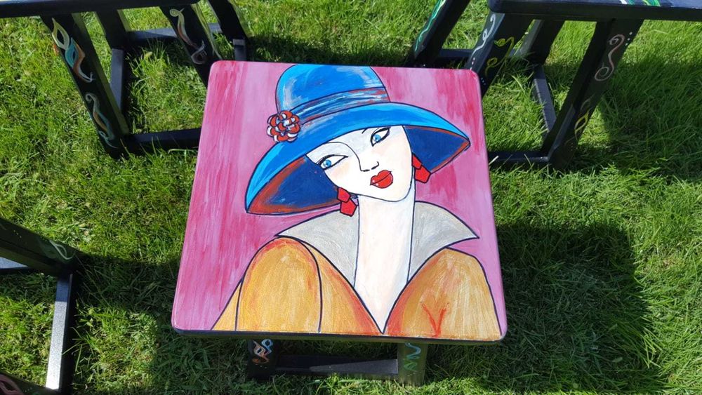 Mobila, SET 4 SCAUNE LEMN ESENTA TARE, pentru gradina, pictate artist