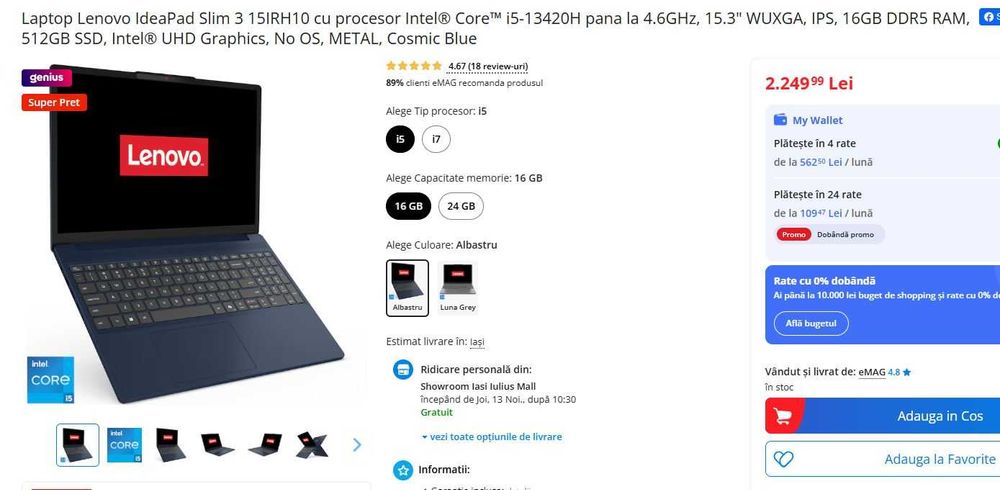 Laptop SIGILAT Lenovo IdeaPad Slim 3 15IRH10 cu i5-13420H 8c/12t