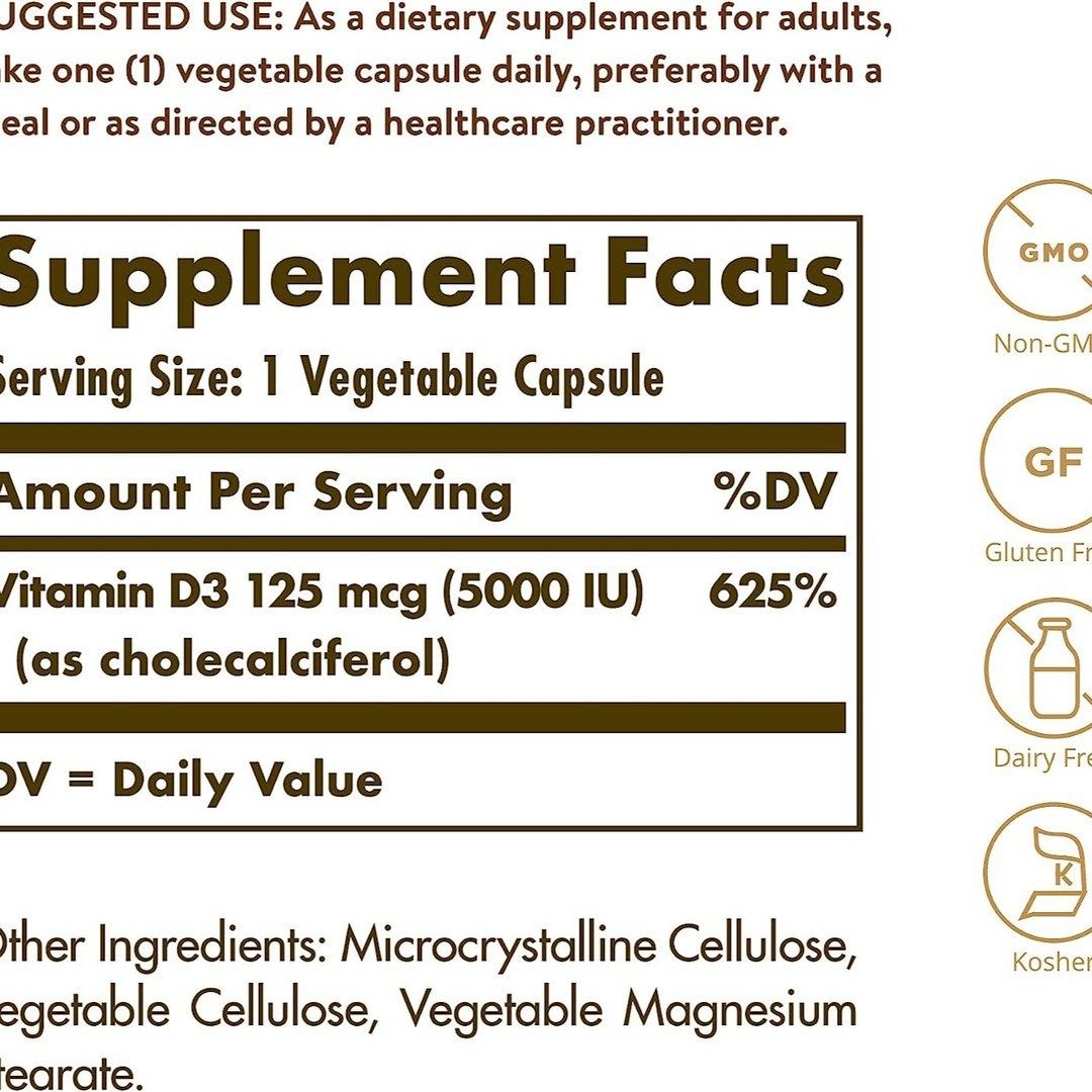 Solgar Витамин D3 (холекальциферол) 125 мкг (5000 МЕ), 120 растительны