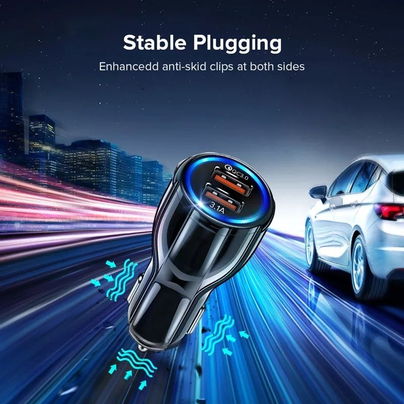 Încărcător Auto Premium 2xUSB Încărcare Rapidă Fast Charge cu LED Blue