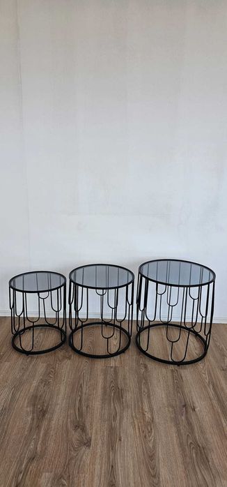 Set mese 3in1 rotund geam fumuriu cadru auriunegru -TRANSPORT GRATUIT