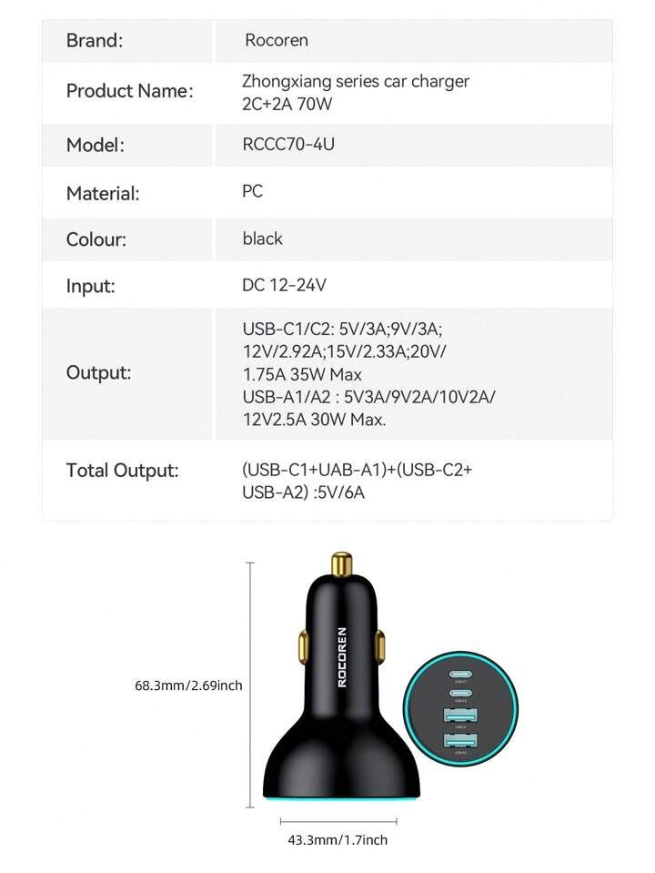 Recoren Fast Charge Зарядно за кола 70w usb c