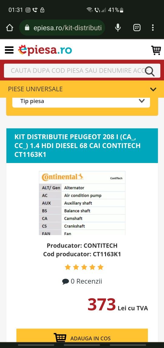 Kit distribuție Continental pentru Peugeot 208 diesel +Filtru ulei NOI