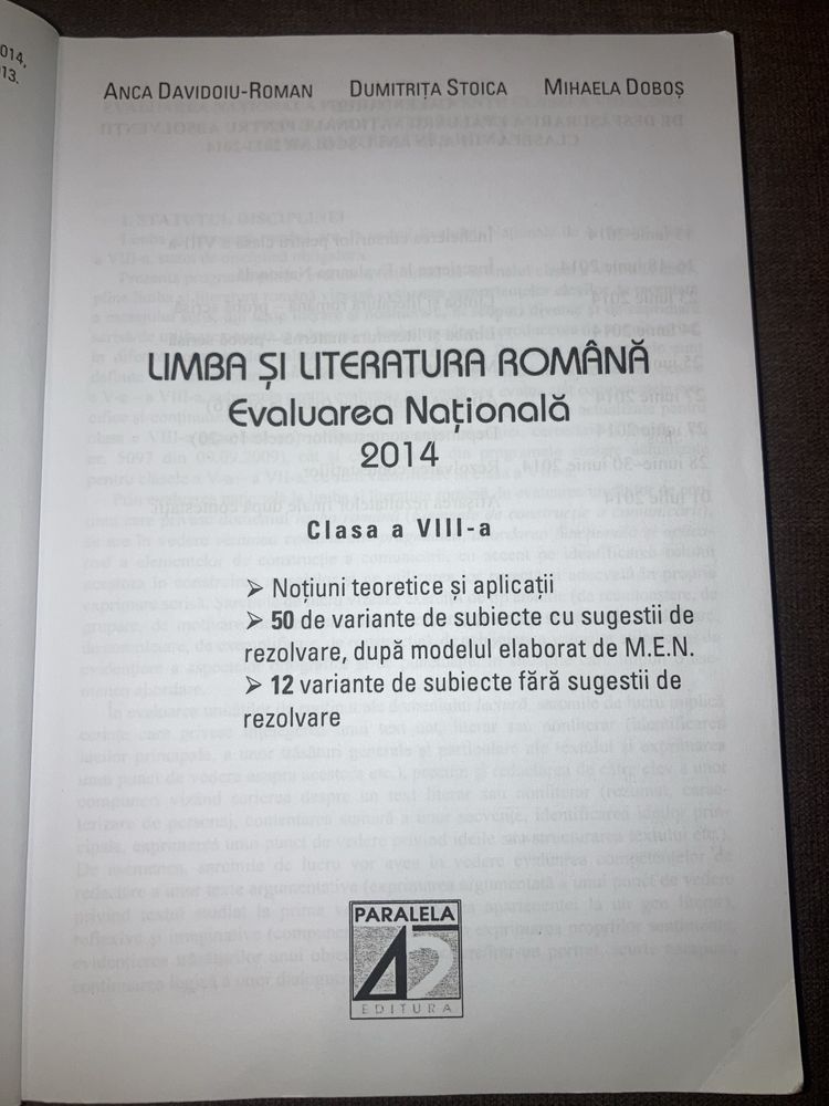 Culegere Limba Romana  EDITURA PARALELA 45 Evaluarea Nationala