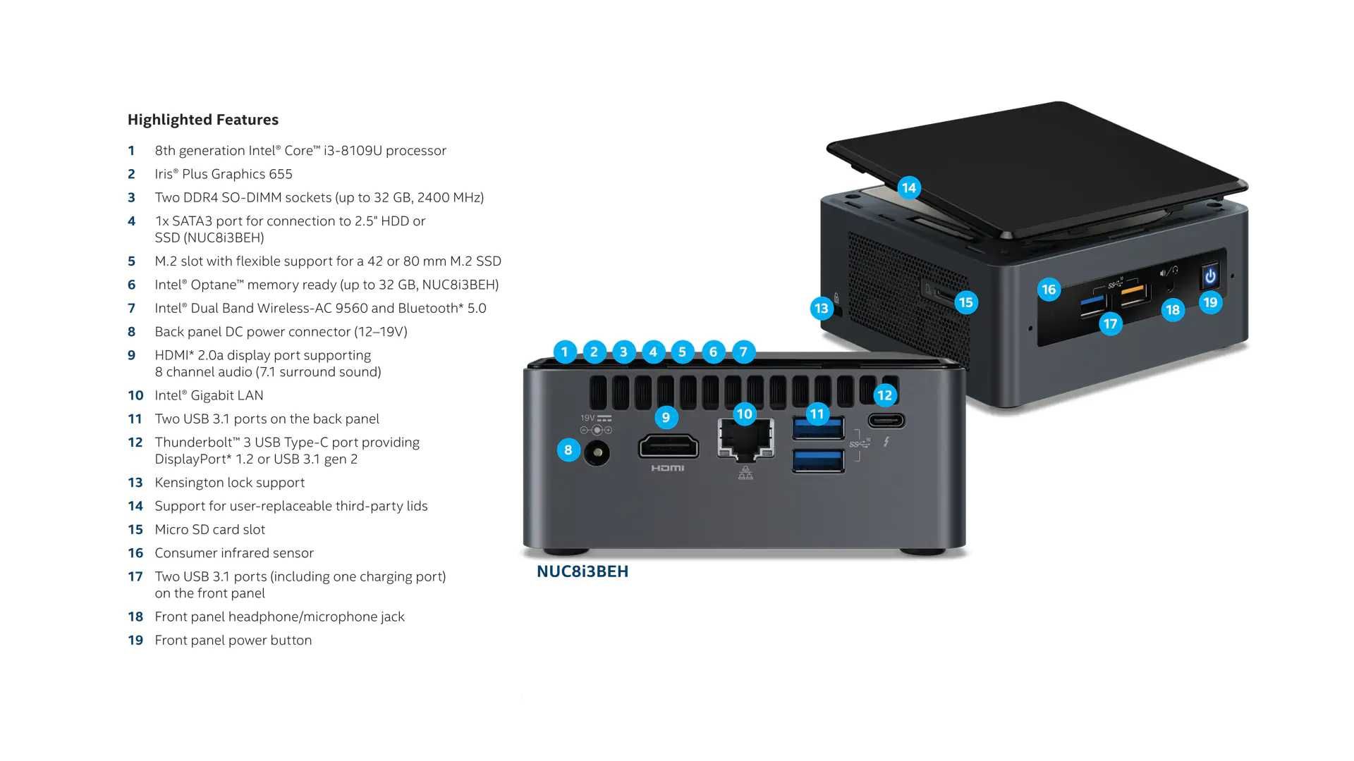 Мини компютър Intel NUC i3-8109U/8GB RAM/120GB SSD/Wifi 5/BT