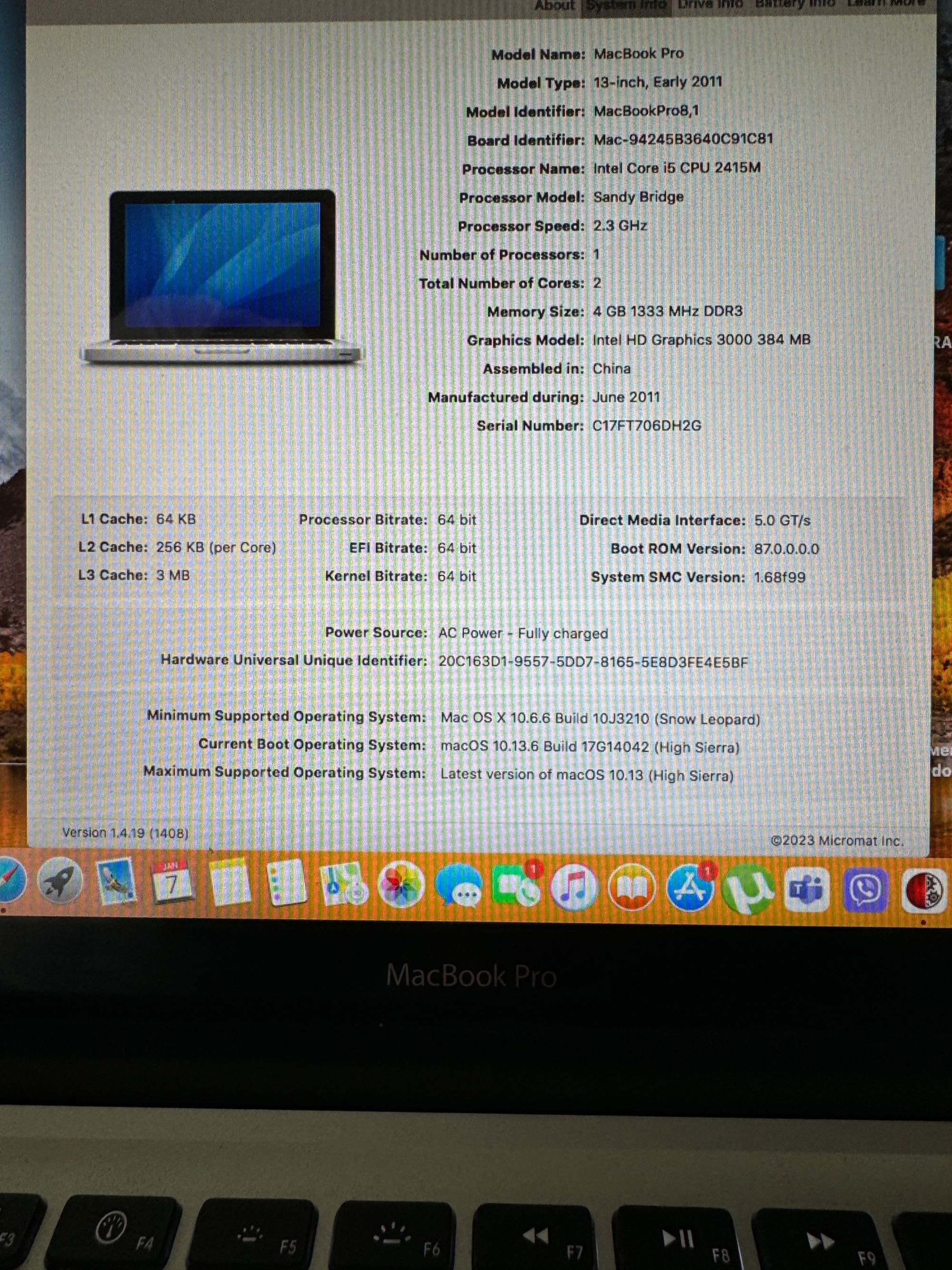 MacBook Pro 13 inch early 2011 4GB Intel Core i5 Intel HD Graphics