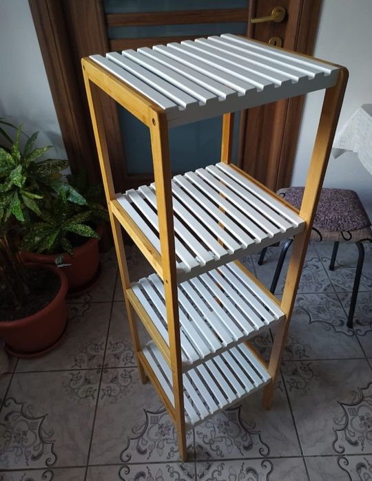 Etajera de 4 rafturi, 33x34x110 cm, bambus, Alb/lemn natur