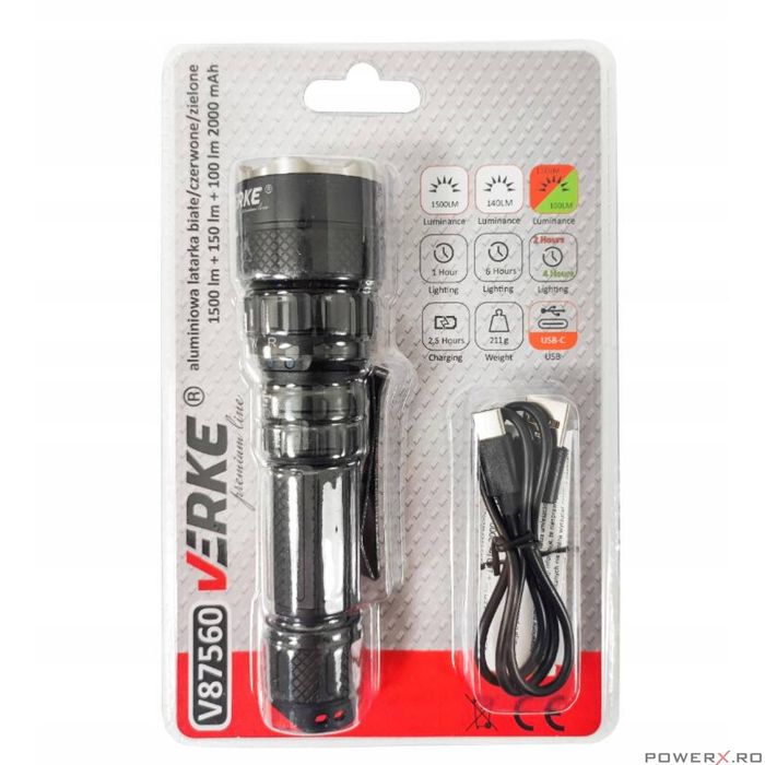 Lanterna din aluminiu, pentru iluminat, 1500 Lm 2000 Mah, Verke