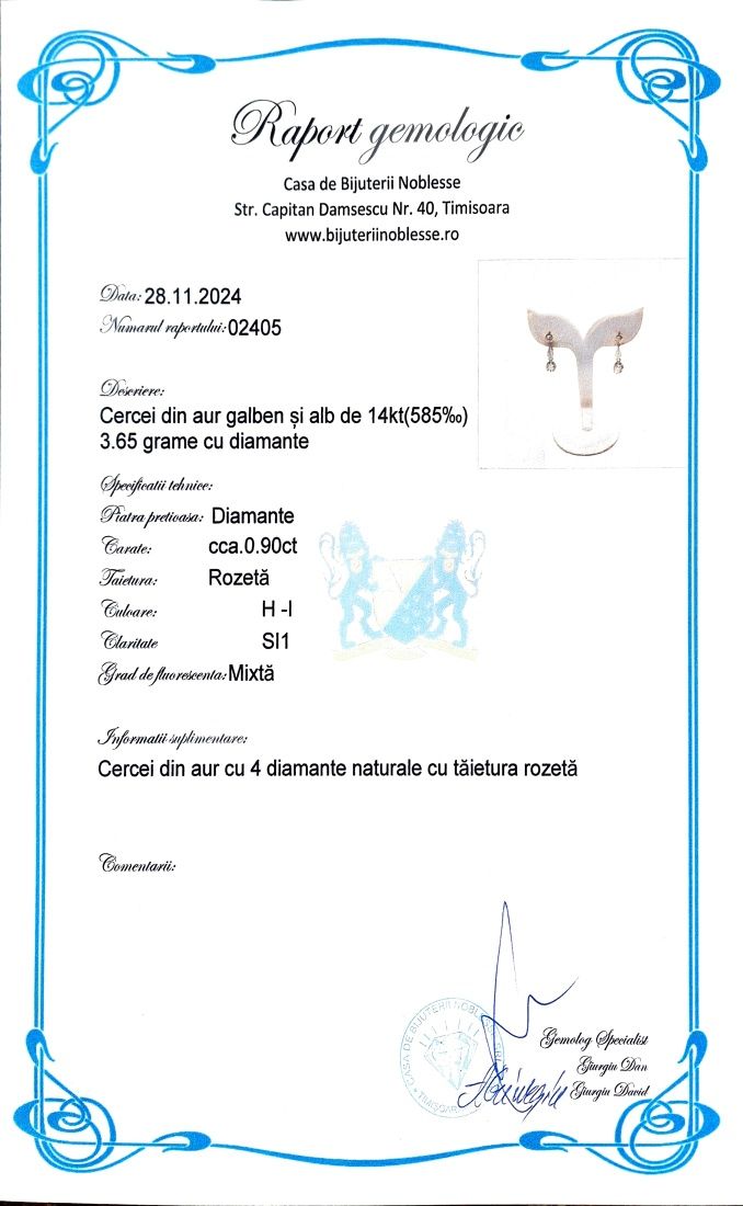 Cercei Art Deco din aur de 18K și diamante naturale cu certificat