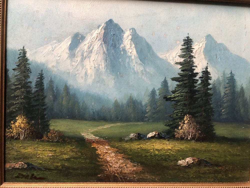 Tablou,pictura in ulei pe panza,peisaj montaj Tirol,semnat