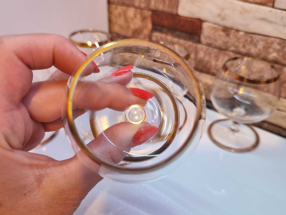 Set 6 pahare vechi de cristal, coniac, pictate manual