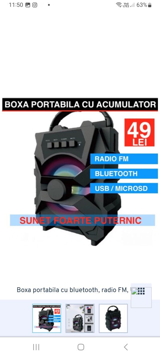 Boxa portabila cu bluetooth, radio FM, USB, card MicroSD(neinclus)