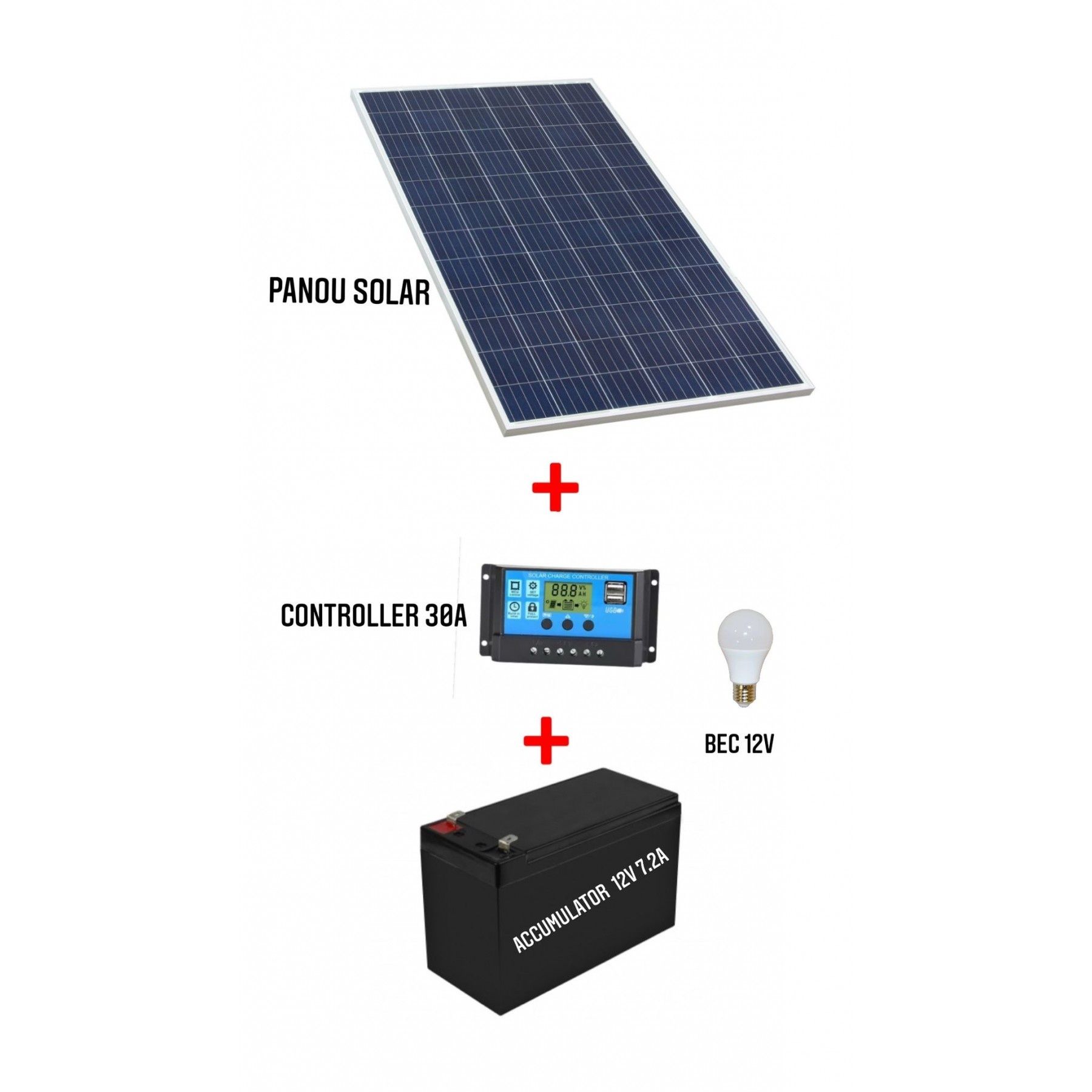 Kit solar cu panou fotovoltaic 100W controller 30A bec 12V si acumulat