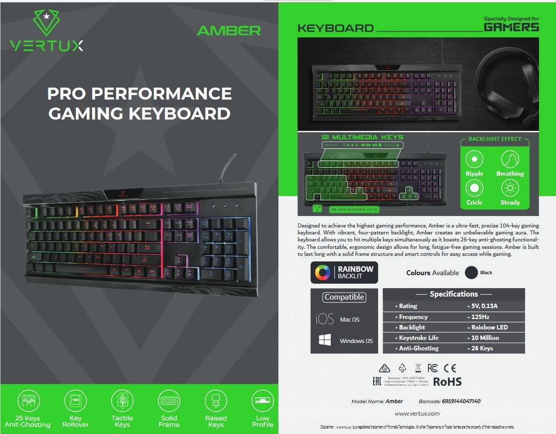 Tastaturi gaming RGB Razer, Vertux Amber Pro, Cherry Strait Black