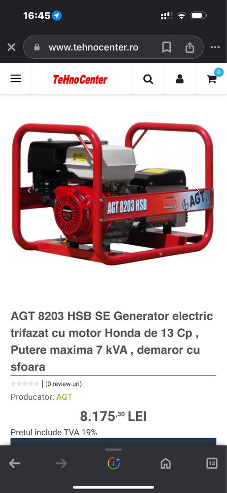 Persoana fizica vand Generator agt motor honda 7 kva