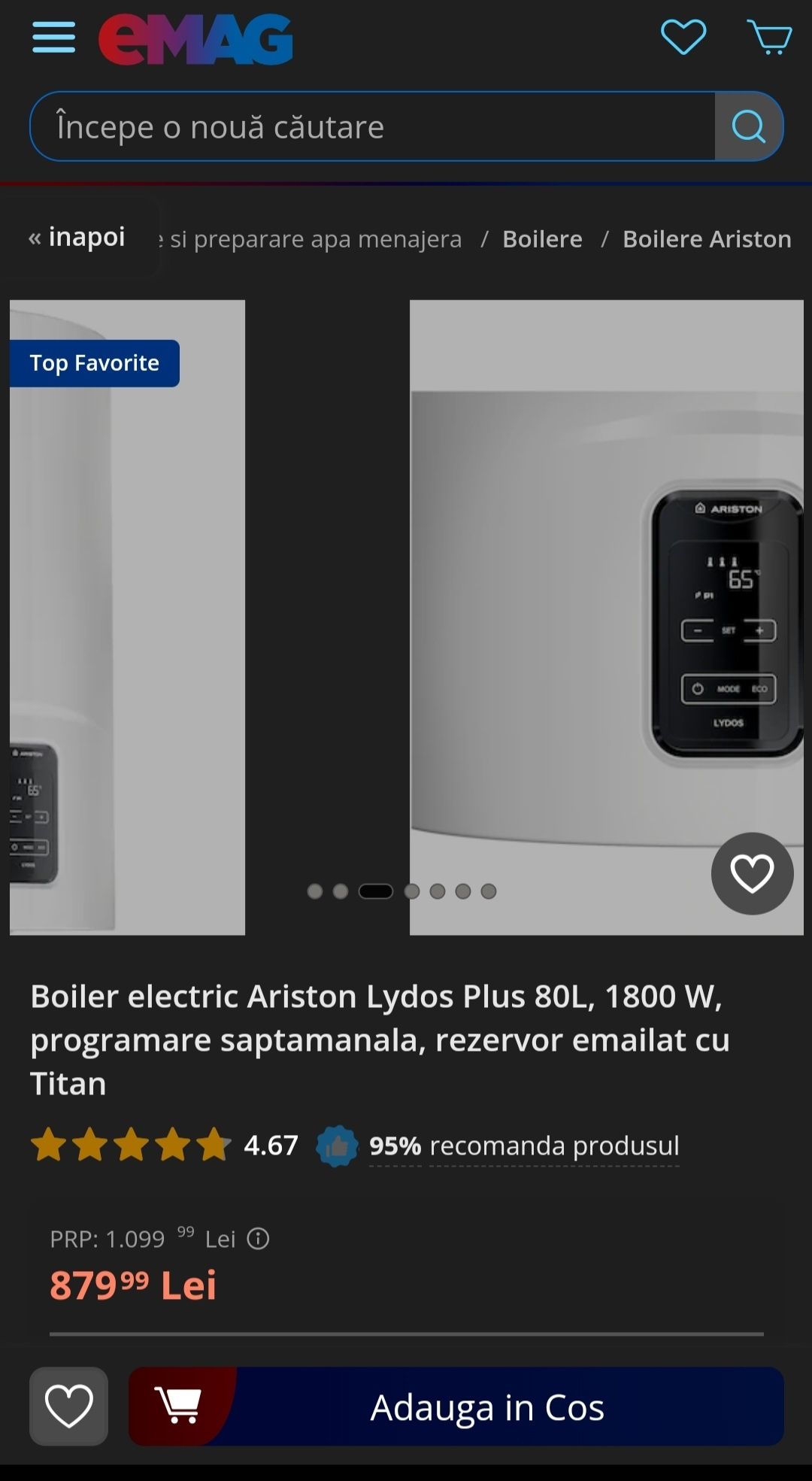 Vând Boiler electric Ariston Lydos Plus 80L, 1800 W, digital