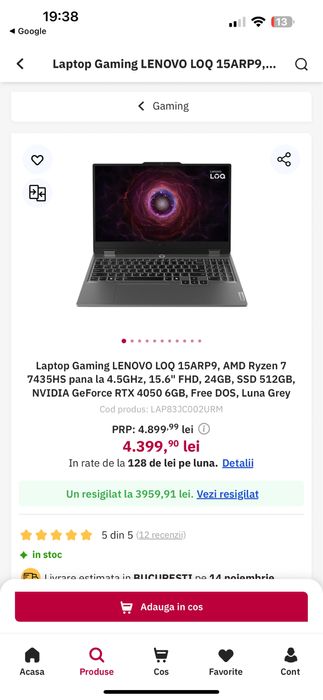 Lenovo LOQ gaming  Ryzen 7 RTX 4050 24GB 512GB ca nou baterie 100%