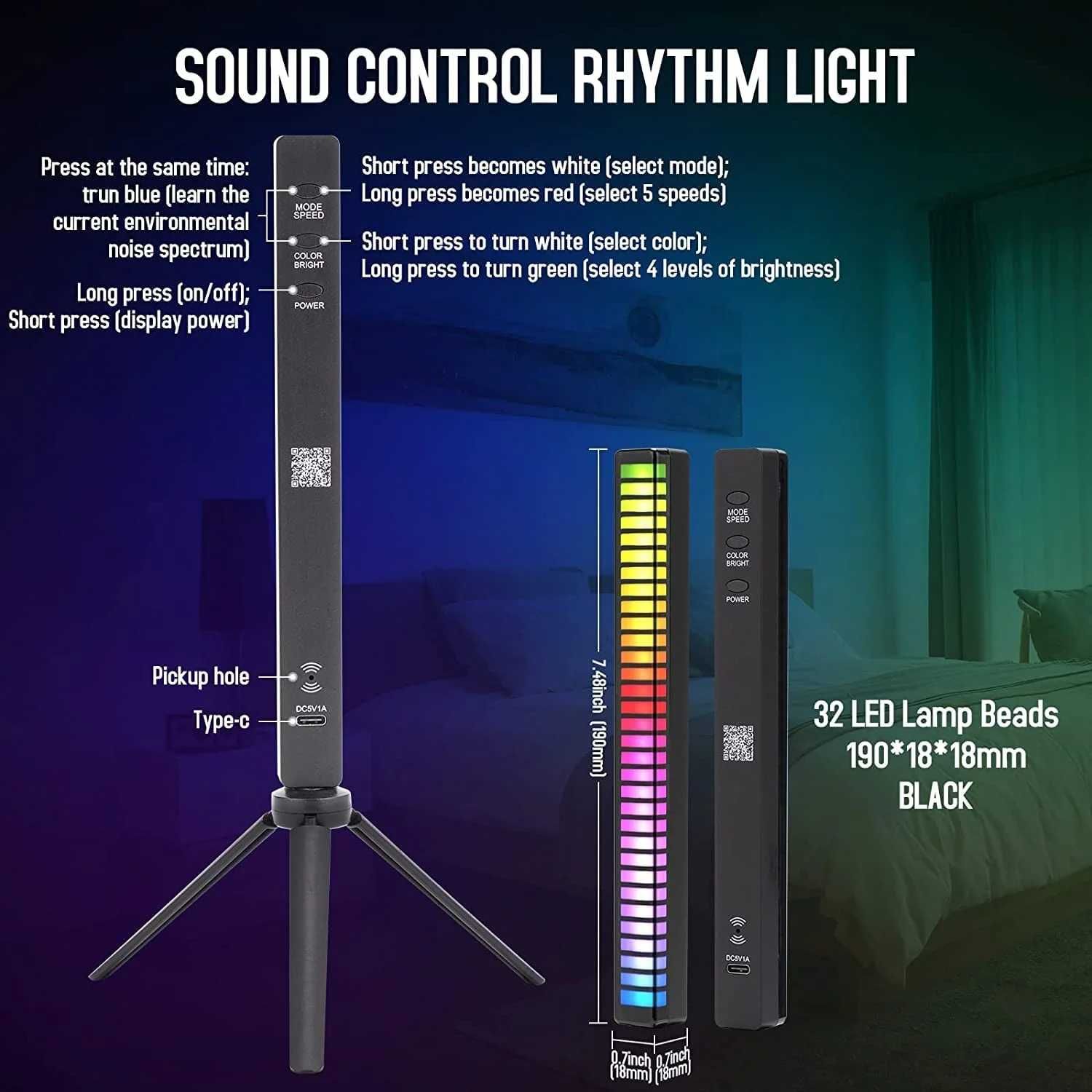Led Bar dinamic muzica RGB, VU Meter, 32 LED RGB, Pentru Masina, Casa