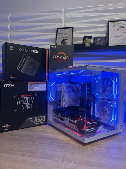 Бял геймърски компютър Ryzen 5500, RX5700XT, 16 ram, 512 ssd, 600W