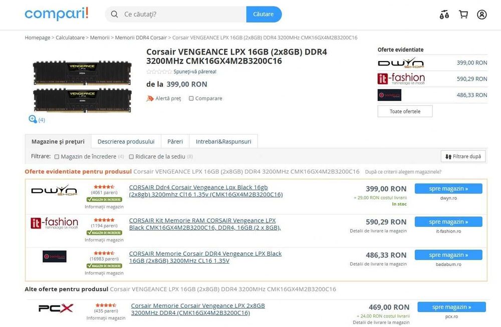 Memorie RAM Corsair Vengeance LPX Black 16GB DDR4 3200MHz CL16 kit