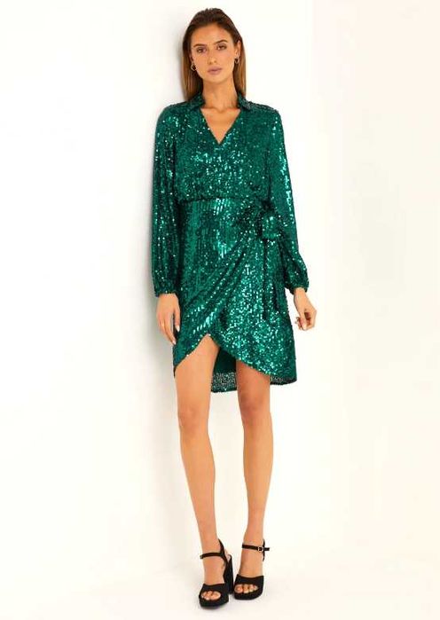 Тъмно зелена рокля с пайети размер М/38