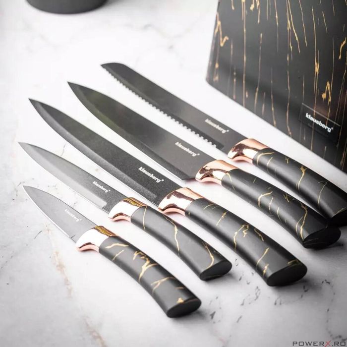 Set cutite din oțel inoxidabil, 6 piese, suport negru cu model maro,