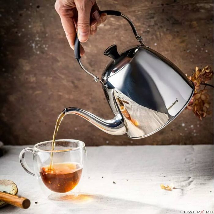 Fierbator traditional, ceainic din otel inoxidabil, cu sita, argintiu