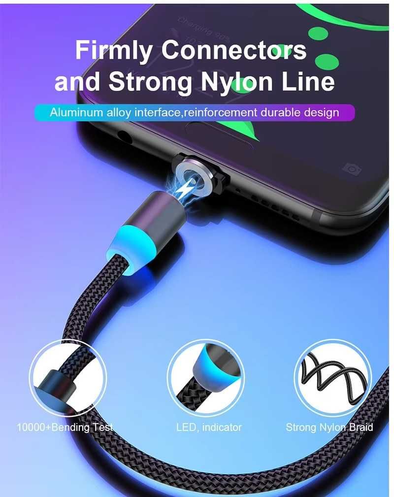 USB магнитен 2м кабел за бързо зареждане iPhone microUSB Type-C букса