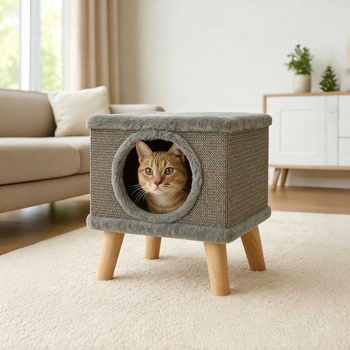 Casa pisici cu pat si loc de joaca picioare din lemn 38 x 32 x 32 cm