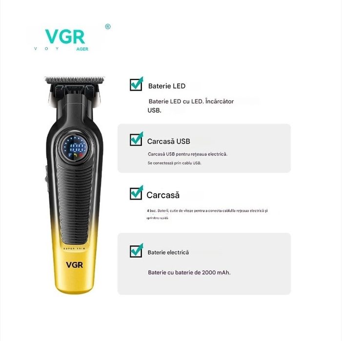 Aparat de tuns VGR, taiere precisa, display digital LCD, reincarcabil,
