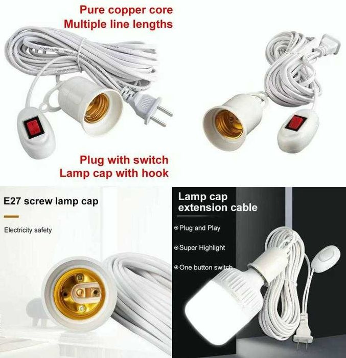 10М Кабел Удължаваща Фасунга с Щепсел и Ключ Крушка E27 Фасонка с Кука