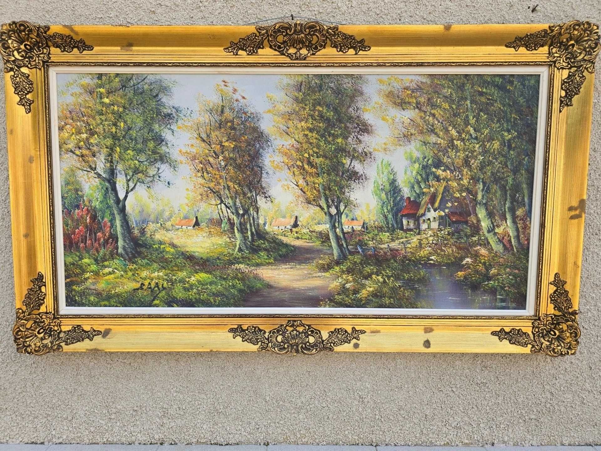 – Tablou peisaj rustic cu ramă aurie ornamentată