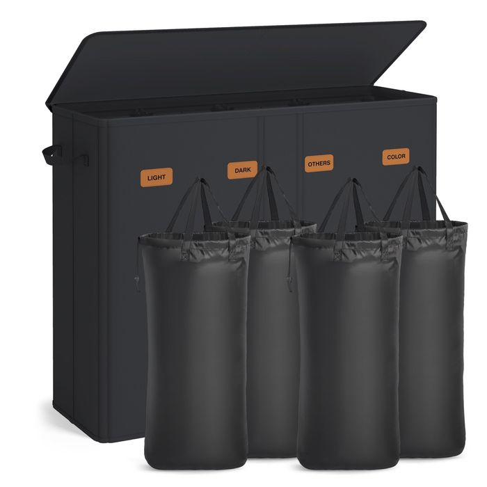SONGMICS кош за пране с 4 отделения, 210 л, с капак, 5 етикет