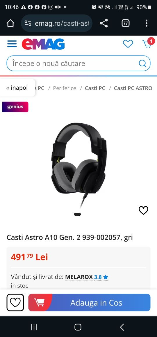 Casti Astro A10 Gen. 2 939-002057, gri (produs sigilat)