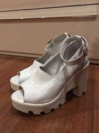 Бели естествена кожа кожени сандали обувки ток платформа