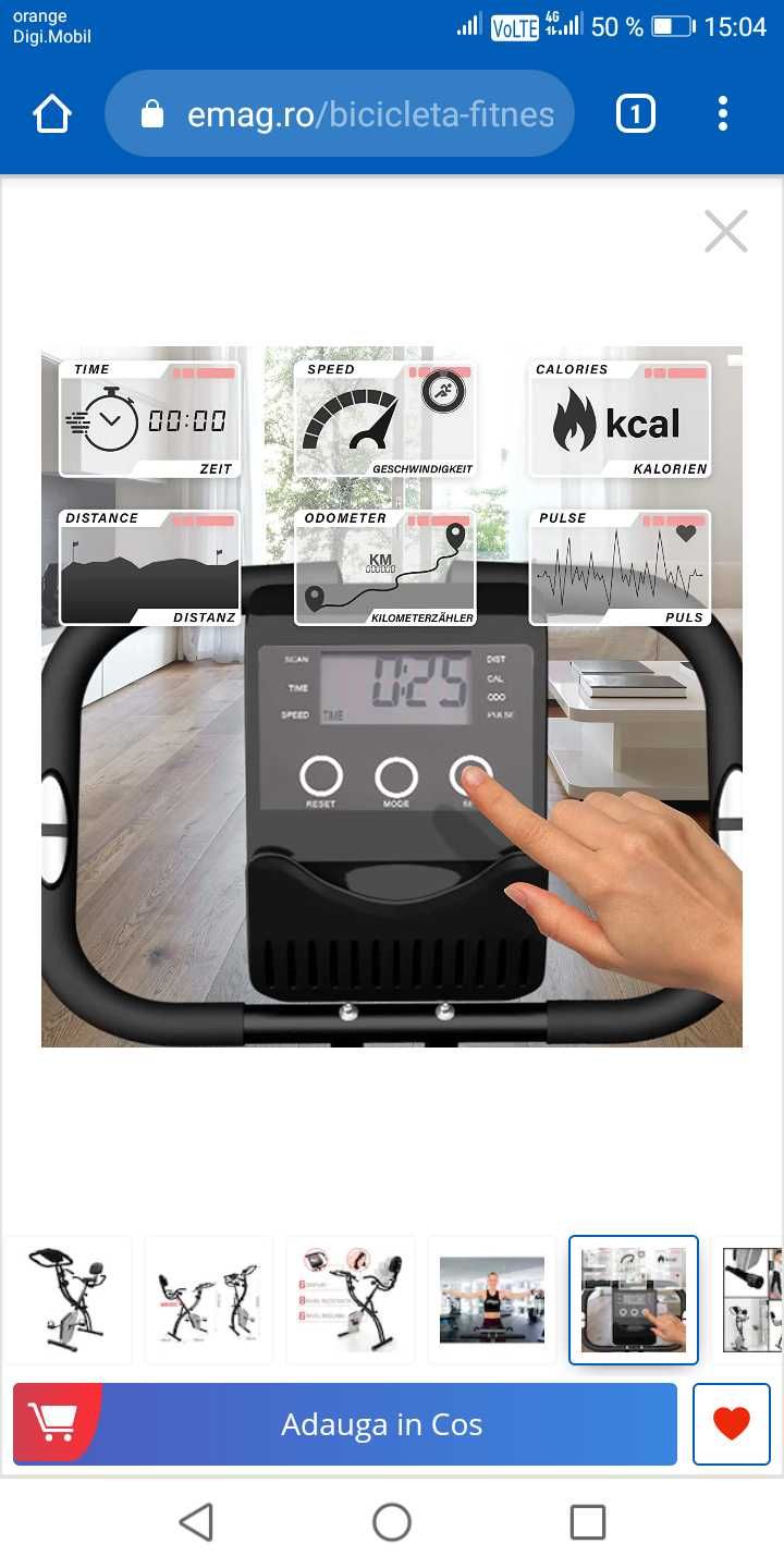 Bicicleta fitness Physionics®, senzor puls ghidon, display LCD