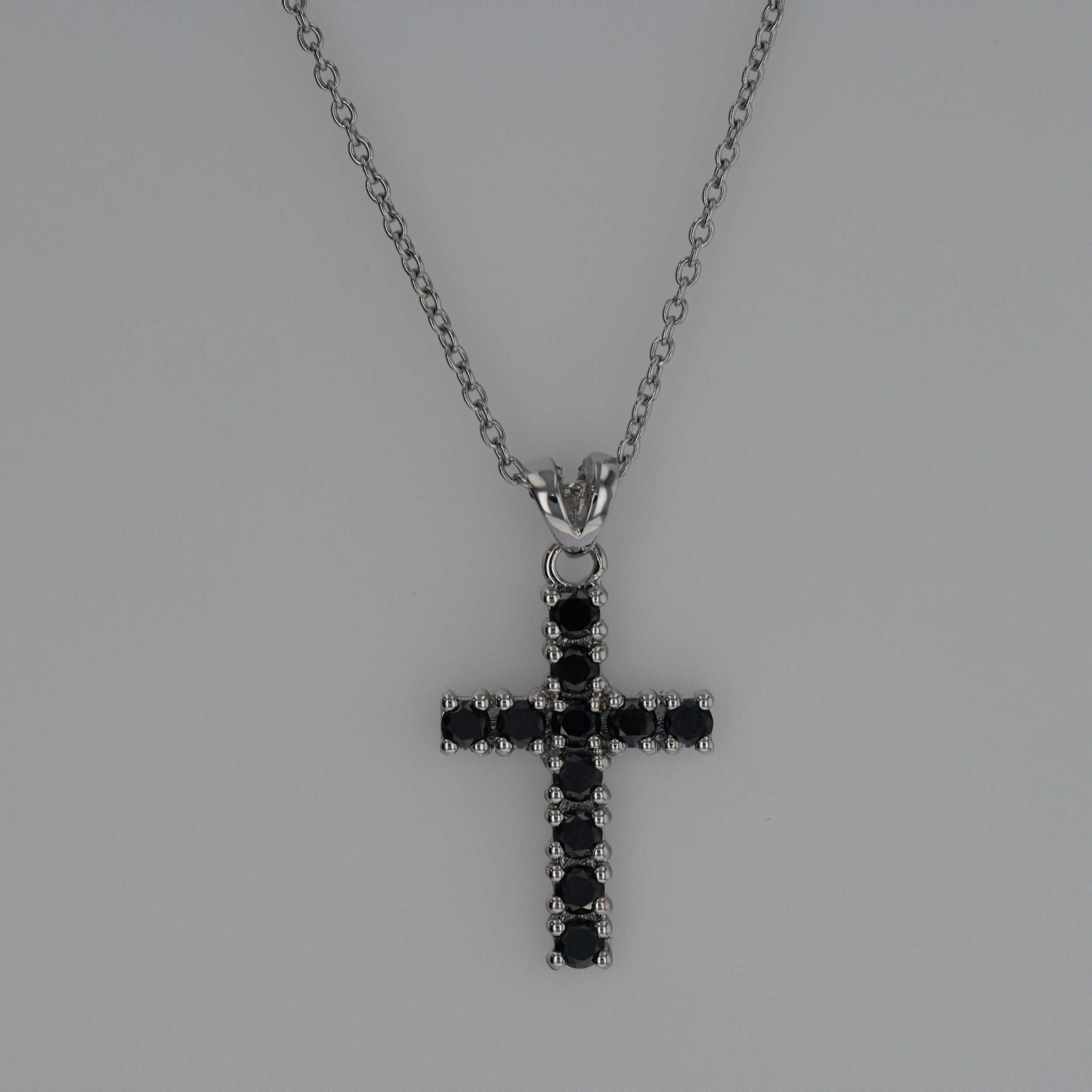 Lant cu cruce aur alb 18k, diamante negre cod 9442+9443