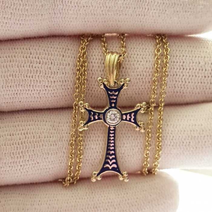 Lant Si Cruce Aur 14K Cu Email Si Diamant Natural