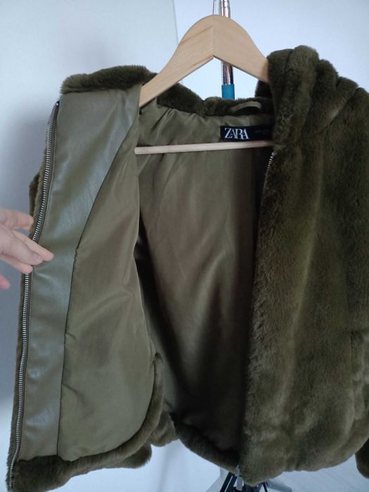 Geacă de blăniță sintetică verde închis ZARA, XS, cu glugă