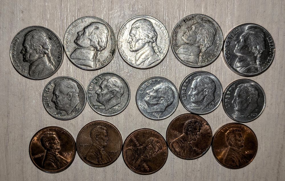 Lot monede vechi SUA America 5 cenți ('63, 69, 86, 99, '00), one dime