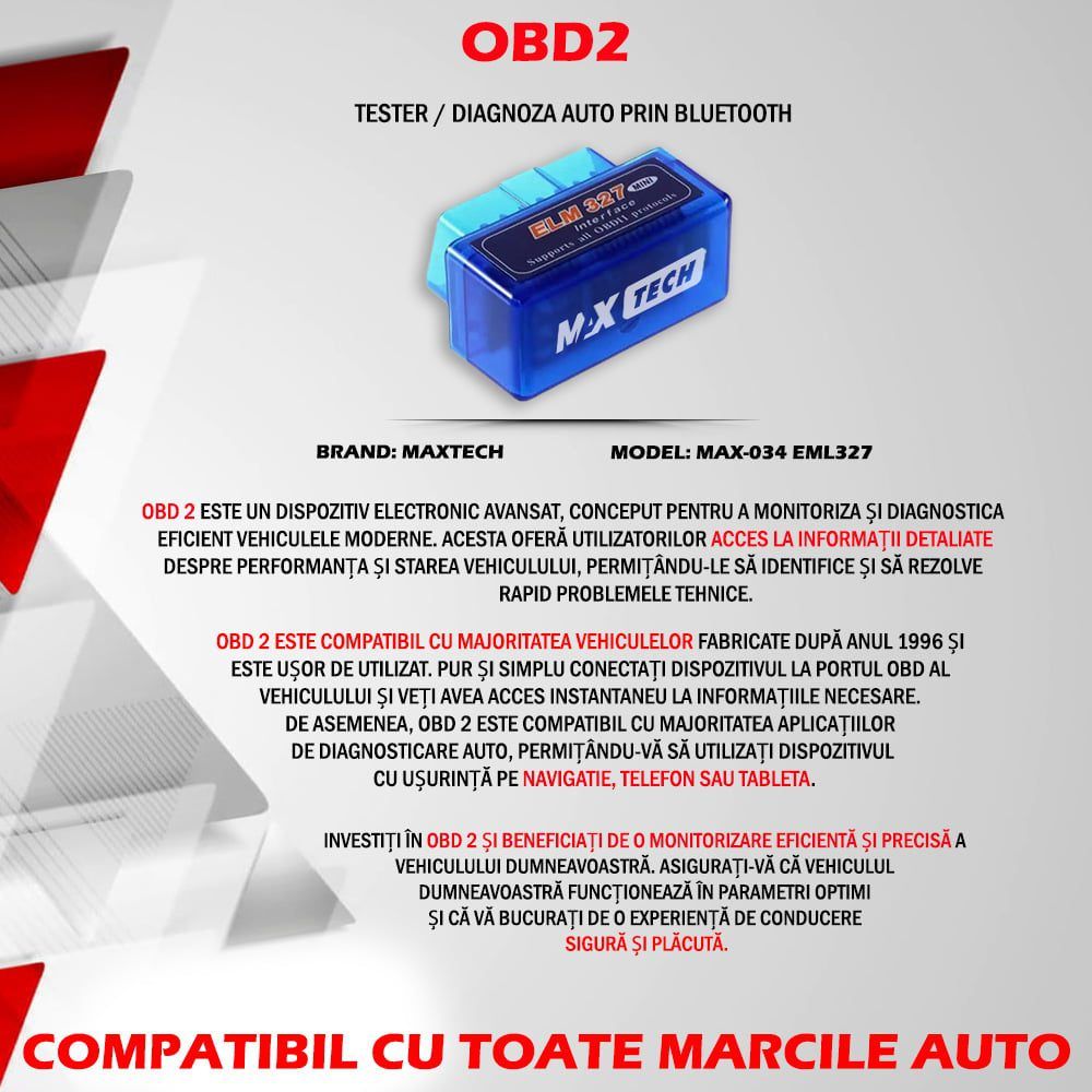 Interfata tester auto, OBD 2, MaxTech®, prin Bluetooth, compatibil