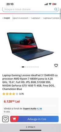 Laptop Gaming Lenovo Ryzen 7 de 2.9 GHz cu Display de 120hz