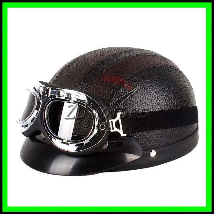 Casca moto Retro scuter Vespa Chopper Piele + Ochelari WW2 -Negru-Maro