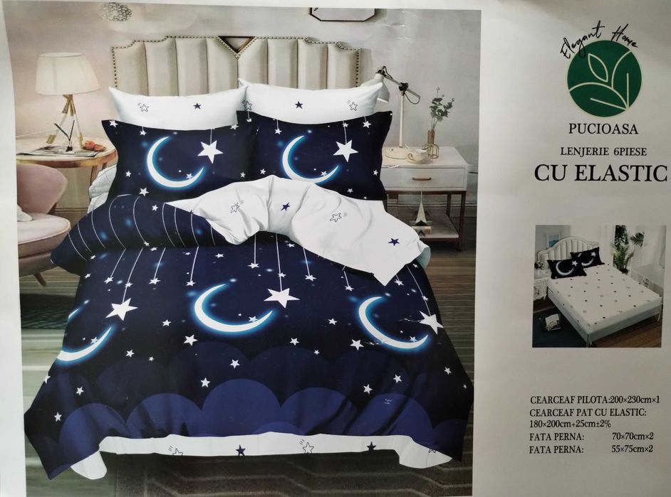 Lenjerie pat Pucioasa, bumbac cu finet 6 piese, cu elastic, noua