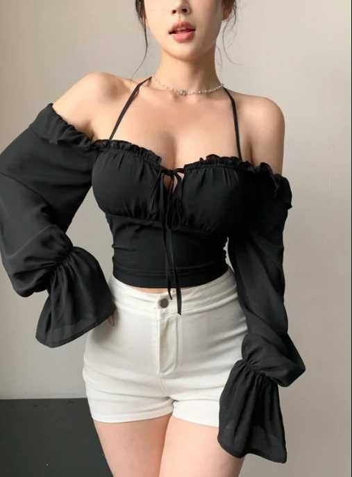 Top negru cu volănașe casual de primăvară fără umăr, cu mânecă evazată