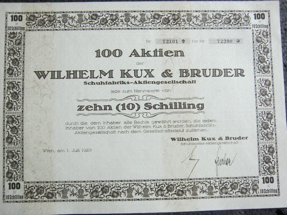Actiune,bilete,coala 100 active,WILHELM&KUX,fabrica pantofi,Wiena,1928