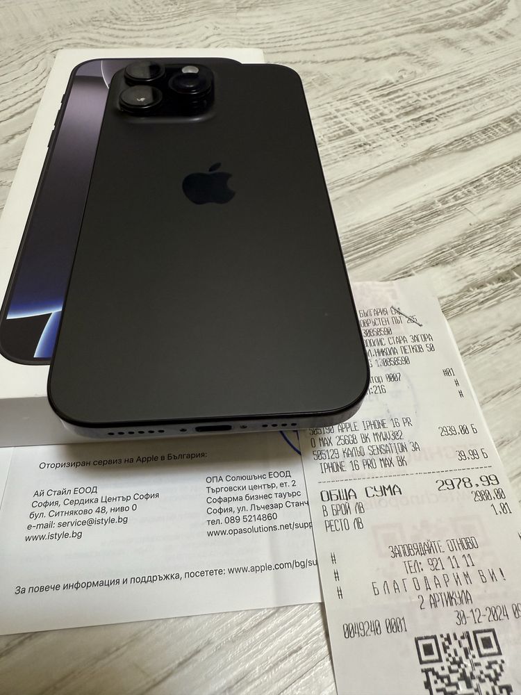 КАТО НОВ Iphone 16 Pro Max 256GB Black 5G 24м. ГАРАНЦИЯ