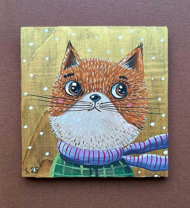 Маленькие картины на дереве, кот, лисенок