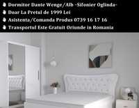 Dormitor Dante Wenge/Alb Cu Oglinda Pat + Dulap + 2 Noptiere
